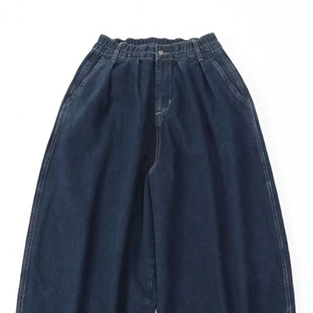 Pantalones vaqueros de tiro medio para hombre, cintura elástica, bolsillos, color liso, holgados, pierna ancha, ropa de calle