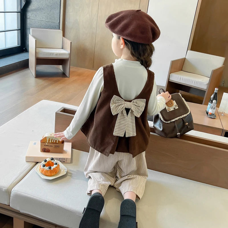 Girls Autumn Spring Clothing Set Fashion Children's Bow Tie Vest + Undershirt + Wide-Leg Pants Three-Piece Set 2025 New