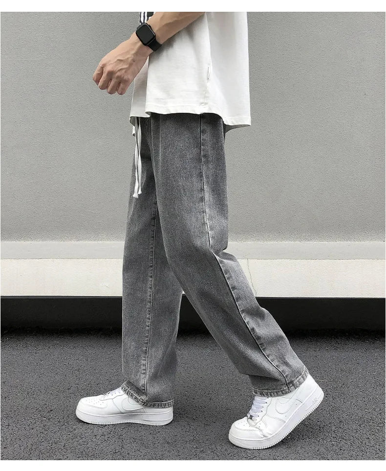 Casual Straight-Leg Jeans Men's Spring New Loose-Fit Elastic Waist American Style Wide-Leg Trousers New Arrival High Street Fash