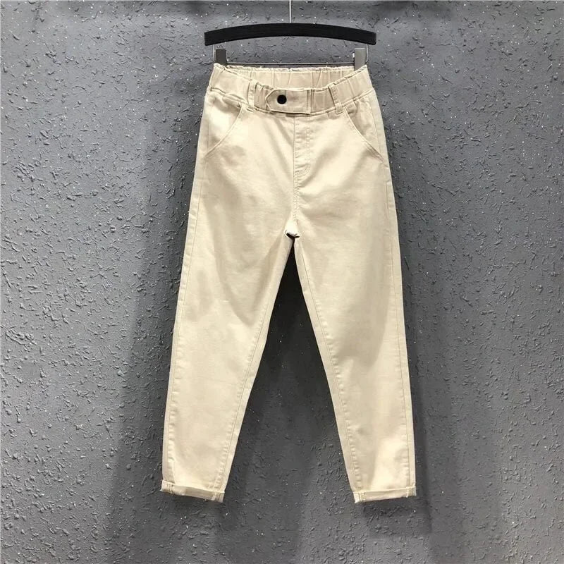 2025 Fashion Summer Women Harem Pants All-matched Casual Cotton Denim Pants Elastic Waist Solid Yellow White Jeans Female 3XL
