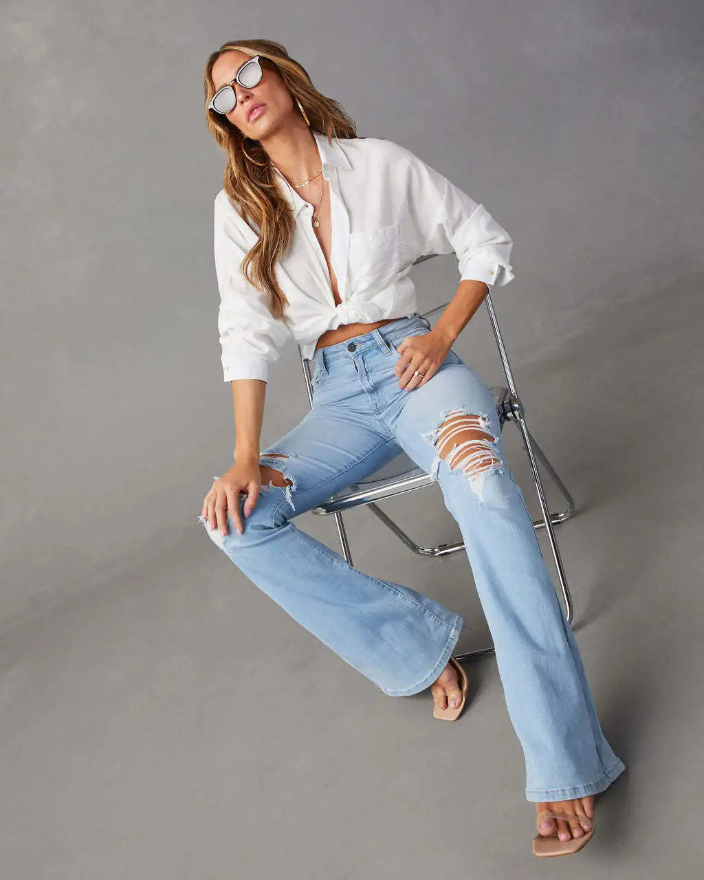 Pantalon évasé en denim pour femme, style streetwear, coupe ample, taille haute, poches, trous, longueur cheville, couleur unie, fermeture éclair, printemps