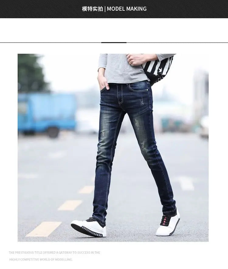 Pantalones vaqueros de diseño de primavera y otoño para hombre, estilo coreano, estilo boy friend, de algodón, elásticos, ajustados e informales.