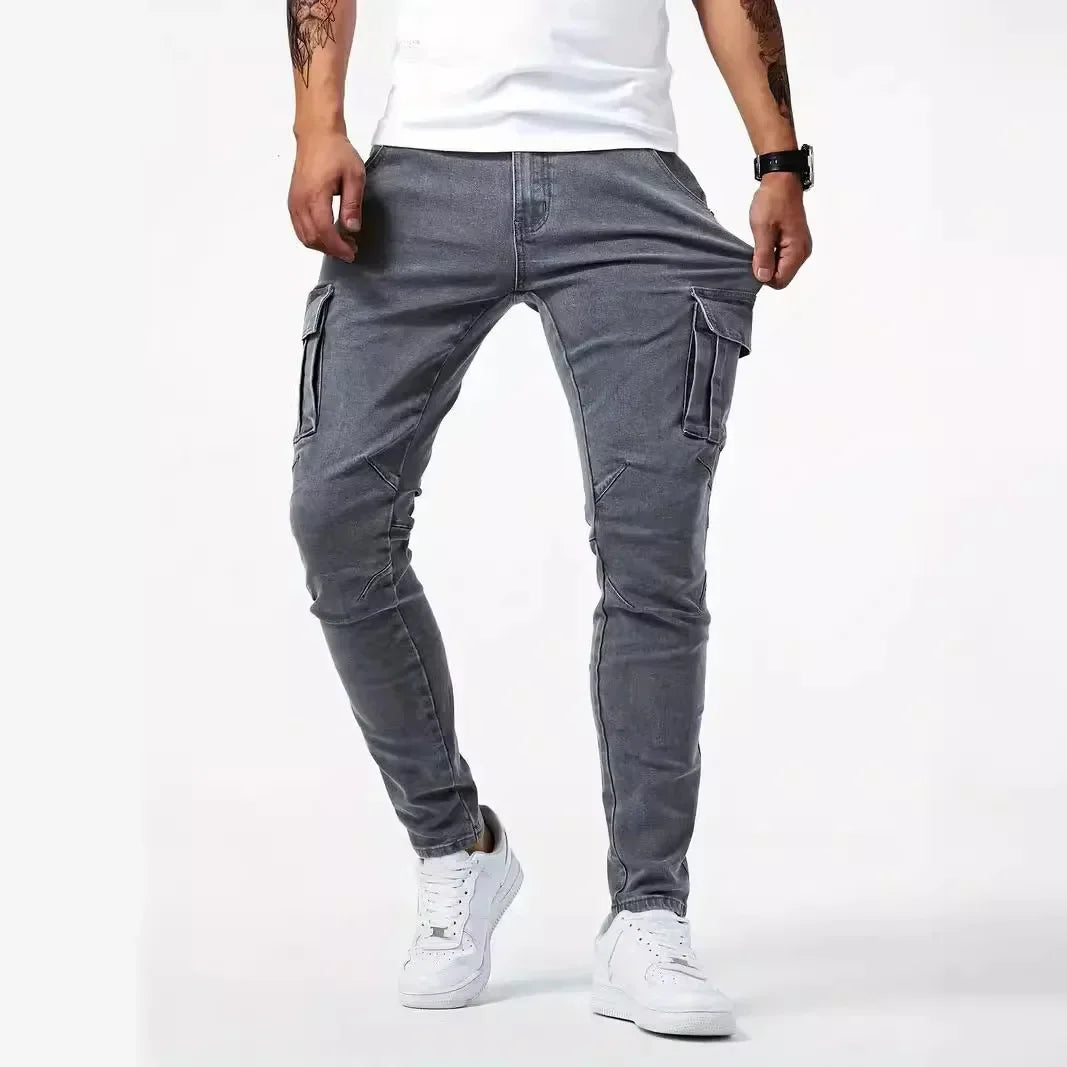 Nuevos pantalones vaqueros ajustados con bolsillos laterales para hombre, pantalones pitillo de mezclilla de cintura alta de color liso, pantalones de verano