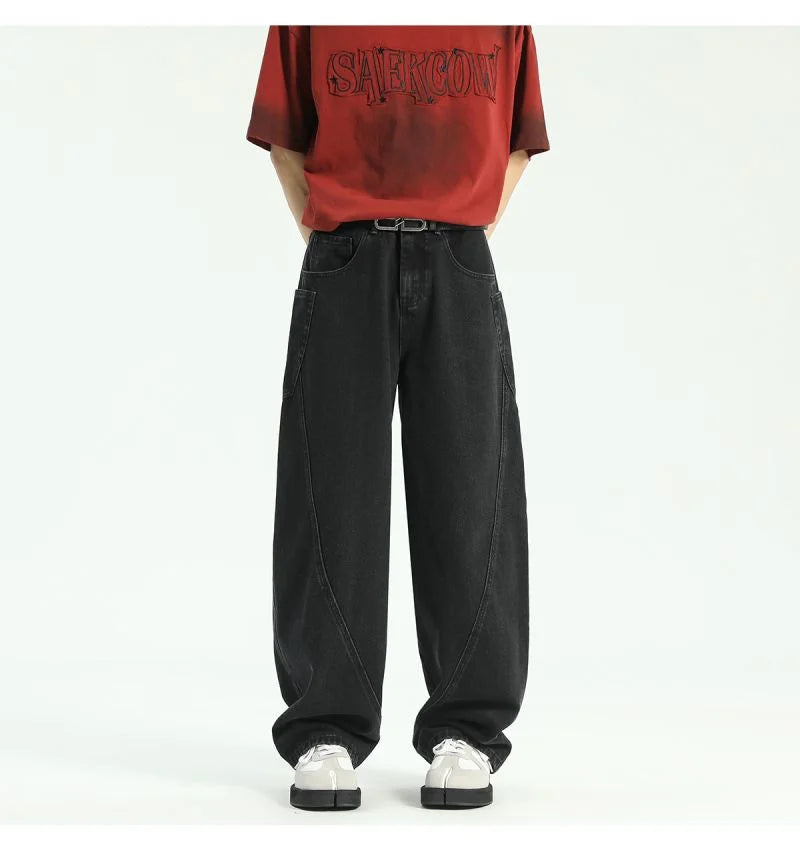 New Vintage Men‘s Patchwork Baggy Jeans Draped Straight-leg Denim Trousers Autumn Korean Fashion High Street Casual Y2K Jean