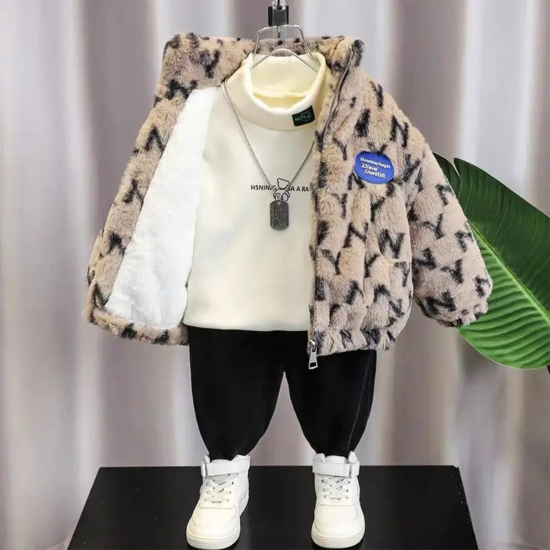 Autumn/Winter Children's Jacket New Boys' and Girls' Thick Cotton Jacket with Velvet and Clip on Cotton Top