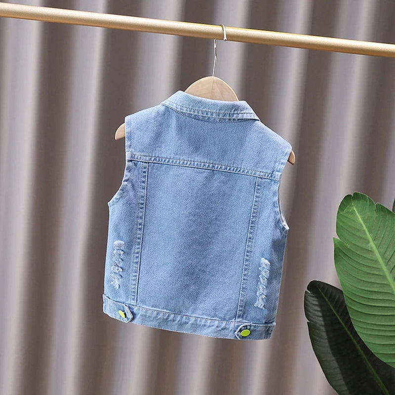 Cool Denim Vest Coat Kids Boys Girl Fashion Ripped Denim Vest Sleeveless Jean Jacket Waistcoat with Pockets Casual School Wear