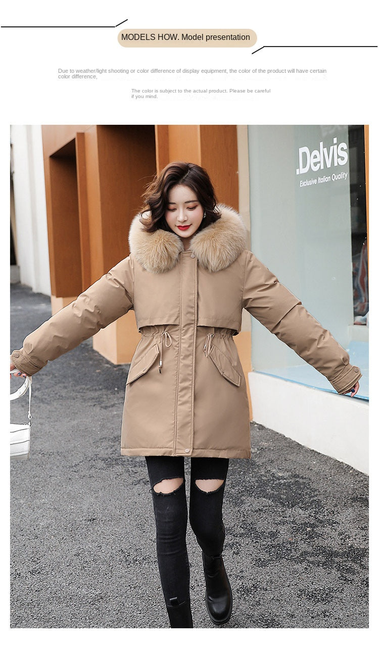Women Parka Fashion 2023 Winter Jacket Slim with Fur Collar Warm Snow Wear Padded Clothes Long Coat Wool Liner Hooded Parkas