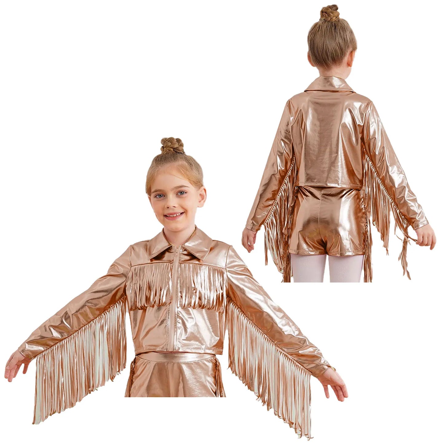 Kids Girls Tassels Metallic Jacket Top Fringe Shiny Turn-Down Collar Long Sleeve Zipper Jacket Coat for Hip Hop Street Dance