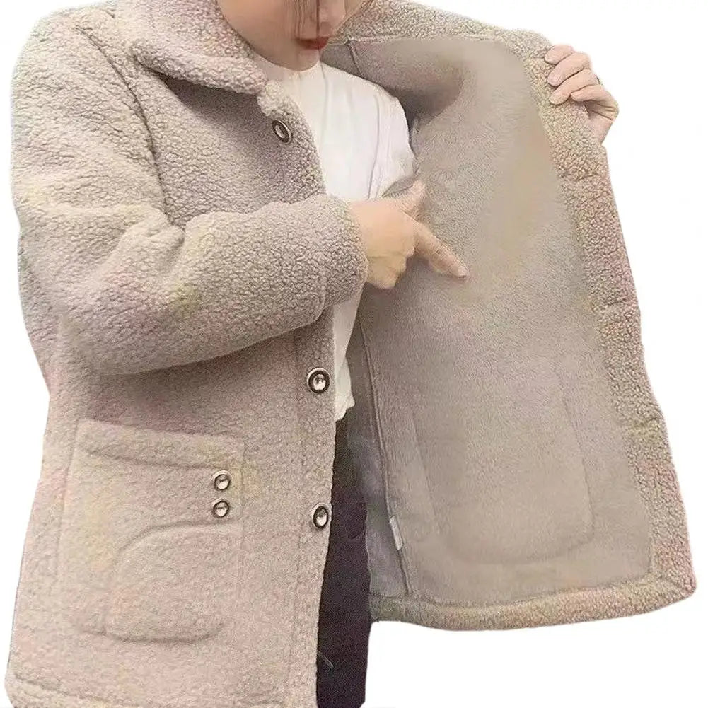 Winter Fleece Coat Thickened Single-breasted with Side Pockets Turn-down Collar Coldproof Solid Color Long Sleeves Outwear Jacke