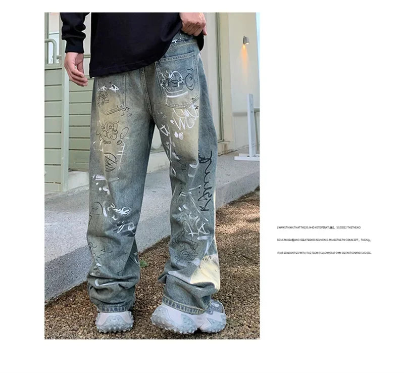 New Graffiti Printed Baggy Jeans For Men Y2K Vintage Distressed Blue Harajuku Denim Pants High Street Straight-leg Jean Trousers
