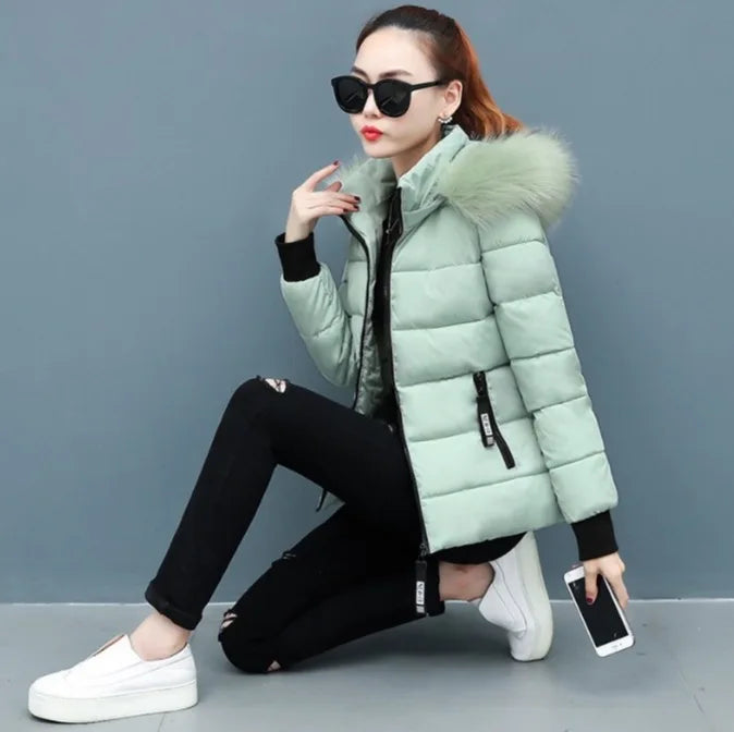 Solid Color Detachable Hooded Hair Collar Slim-fit Cotton-padded Jacket, Women's Winter New Warm Casual Stand Collar Padded Coat