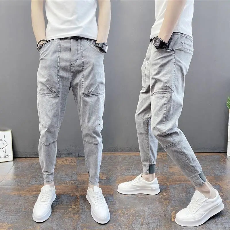 Pantalones vaqueros holgados estilo Harajuku para hombre, ropa de calle japonesa, estilo informal, ajustados, estilo cargo, hip hop, de diseñador, color gris, para otoño y verano