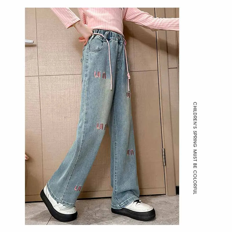 Pantalones vaqueros con letras para niñas, pantalón holgado e informal, elástico, recto, para primavera y otoño, de 2 a 12 años