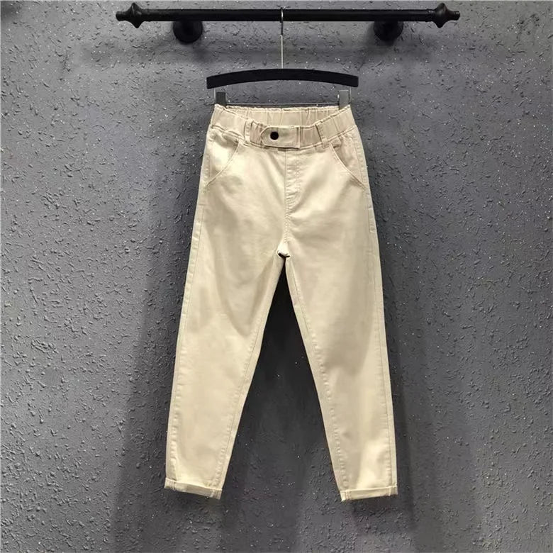 2025 Fashion Summer Women Harem Pants All-matched Casual Cotton Denim Pants Elastic Waist Solid Yellow White Jeans Female 3XL
