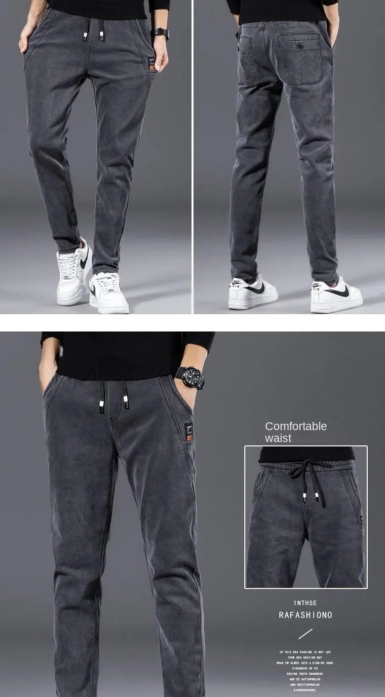 Pantalones vaqueros de mezclilla para primavera y otoño, cintura elástica, finos, con cordón, ajustados, para adolescentes, estudiantes, informales, de diseñador, para hombre, 2022