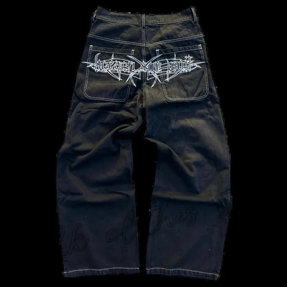 Nuevos vaqueros holgados casuales de pierna ancha para hombre, vaqueros con estampado retro de hip hop, tendencia de moda, vaqueros negros de cintura alta Y2k, ropa para hombre 2023