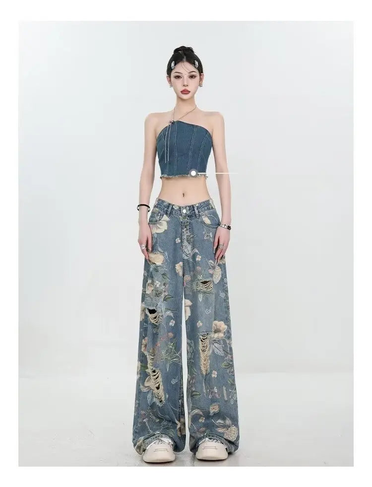 American Street Print Jeans For Women Trendy Style Loose And Versatile Floor-length Wide-leg Pants With A Versatile Design