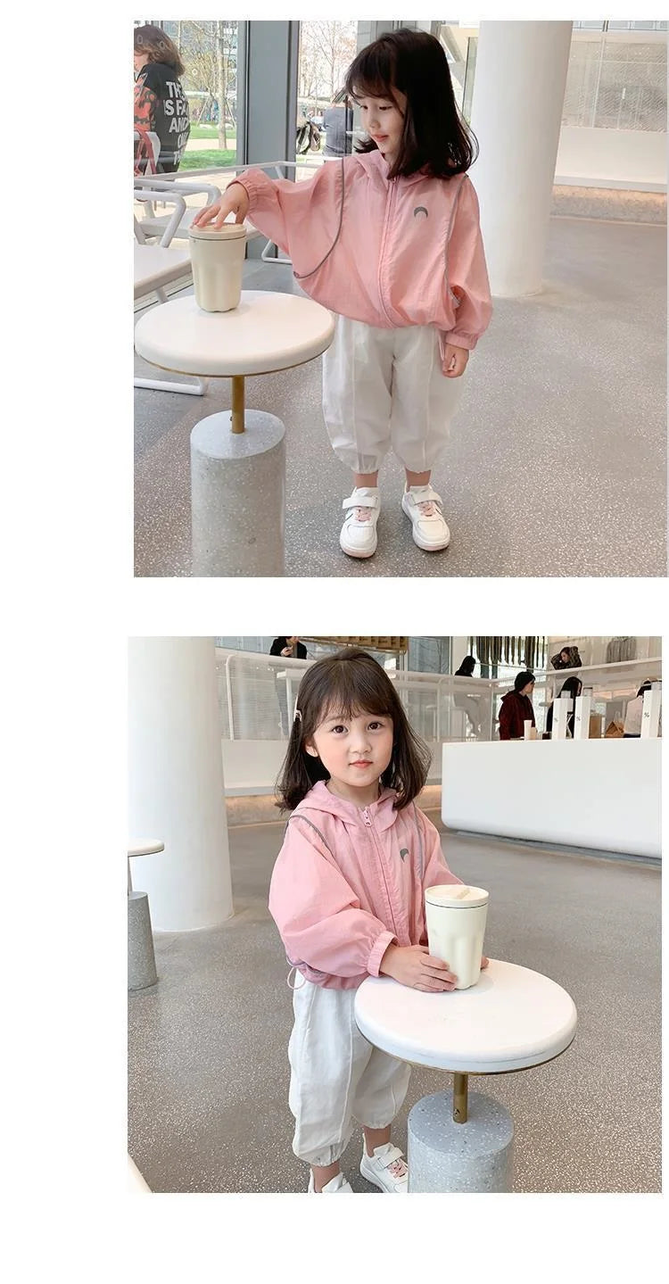 Summer Casual Lightweight Kids Sun Outfit Tops Baby Girls Loose Drawstring Hooded Zip Moon Coats Children Jackets 1-10 Years