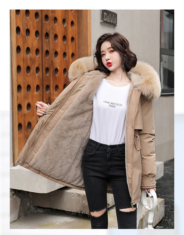 Women Parka Fashion 2023 Winter Jacket Slim with Fur Collar Warm Snow Wear Padded Clothes Long Coat Wool Liner Hooded Parkas