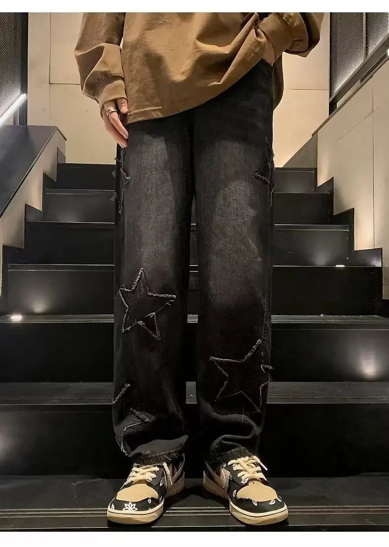 Pantalones vaqueros rectos informales con bordado de estrellas para hombre, estilo gótico, neutros, nuevos, holgados, de pierna ancha, estilo hip-hop, estilo urbano, pantalones vaqueros Y2K para hombre