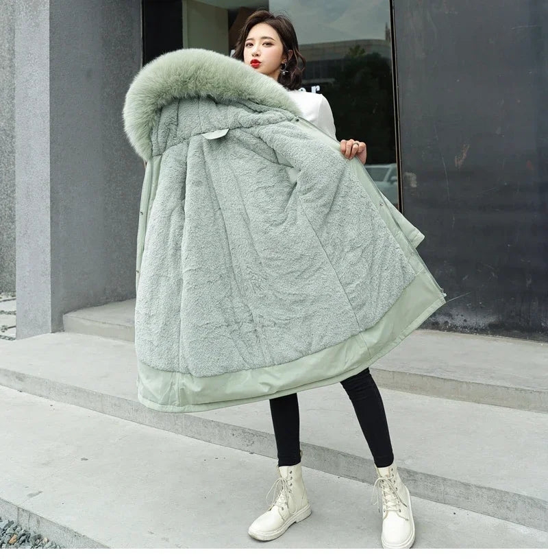 Cotton Liner Parker Women Long Coat Parka Coats Adjustable Waist Fur Collar Winter Jacket Coat Medium Long Hooded Parka Jackets