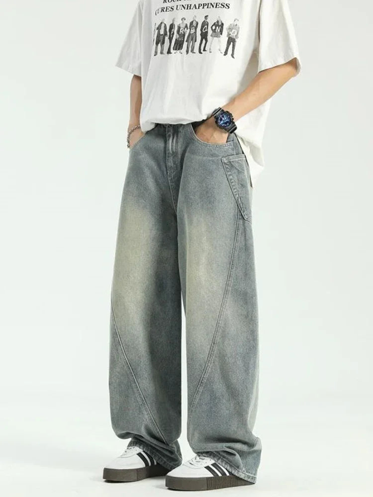New Vintage Men‘s Patchwork Baggy Jeans Draped Straight-leg Denim Trousers Autumn Korean Fashion High Street Casual Y2K Jean
