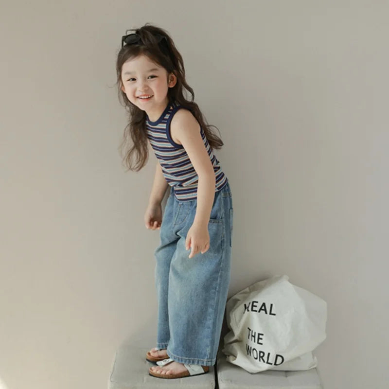 Pantalones vaqueros de cintura alta y pierna ancha para niñas de 3 a 8 años, lisos, con múltiples bolsillos y cintura elástica, pantalones vaqueros casuales de moda para niños.