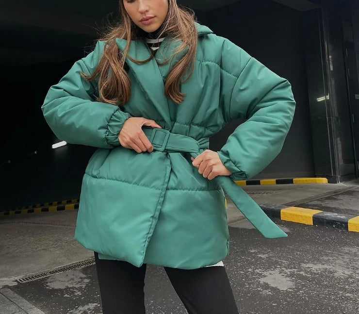 Autumn Women's Clothes with Thick Collars and Waist Cinched Cotton Jackets Look Slim Solid Color Cotton Jackets for Women