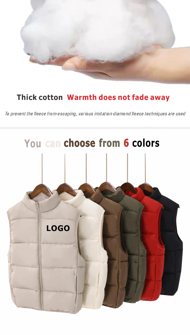 Customized Logo Winter Coat Windproof Vest Thick Stand Up Collar DIY Down Cotton Printing Company Brand Jacket Sleeveless