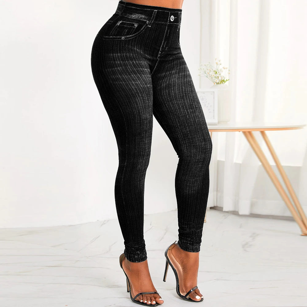 M XXL Faux Denim Leggings Women Clothing Summer High Waist Jeans Oversized Basics Pants Female Casual Slim Trousers