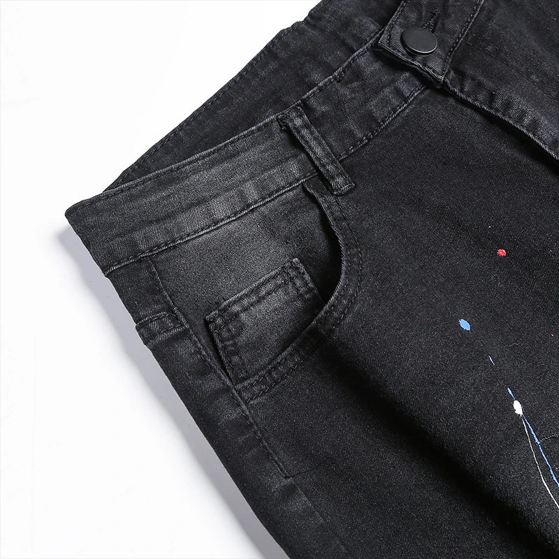 New Jeans Paint For Men Spring Summer Fashion Men Wash Worn Holes Patch Paint printing micro-bullet Small Feet Black Male Denim