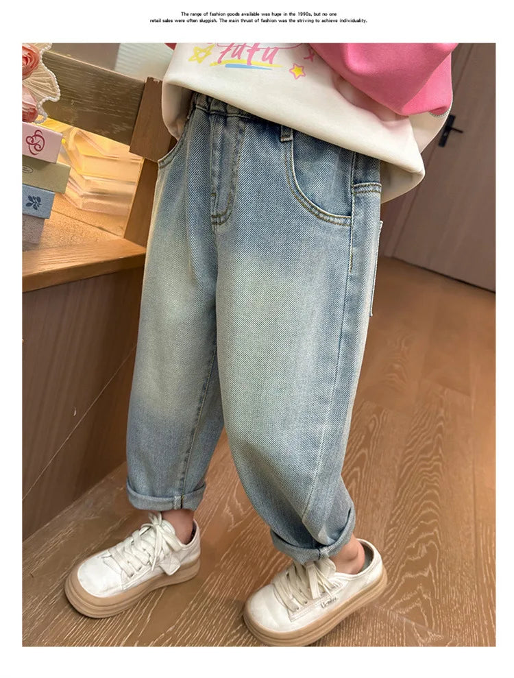 2025 New Girls Jeans Loose Straight Leg Pants for Toddler Baby Casual Wear Spring Autumn