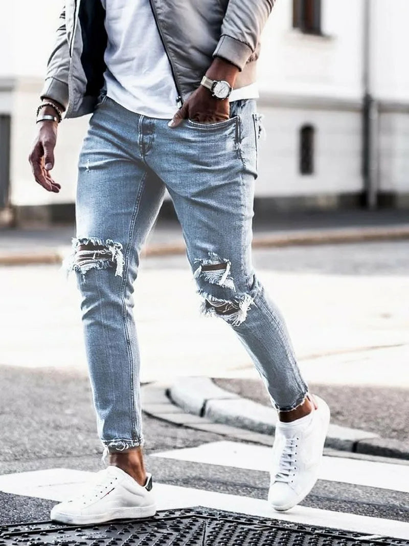 Pantalones vaqueros desgastados para hombre, de otoño, ajustados y adelgazantes, nuevos pantalones elásticos, pantalones de pierna pequeña para hombre.