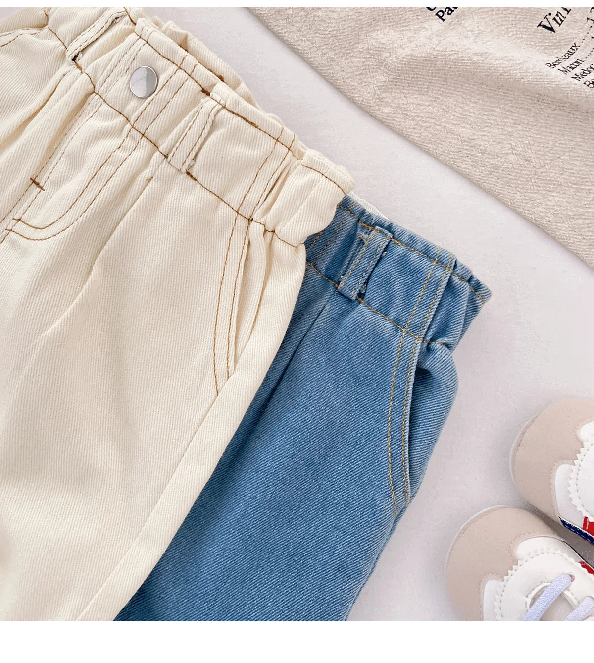 Vaqueros suaves de cintura alta para niños: pantalones casuales de color liso para bebés y niños, estilo coreano, otoño.