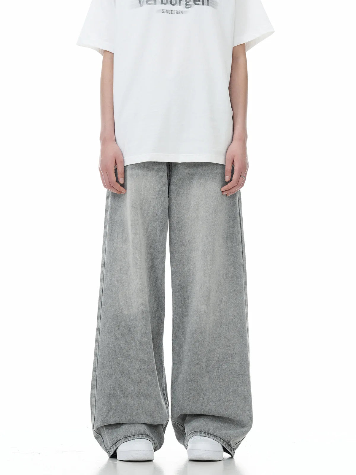 Men Floor Length Pant Jeans Denim Wide Leg Pants Loose Casual Straight Trousers Pocket High Waist Splice Autumn Winter