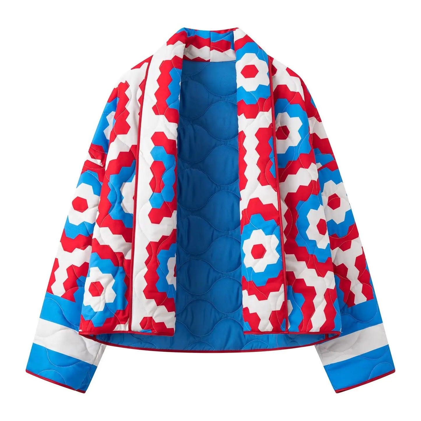 Women Casual Parka Fall-Winter 2024 Fashion Geometric Print Spliced Jacket Vintage Lapel Kimono Cardigan Elegant Thermal Tops