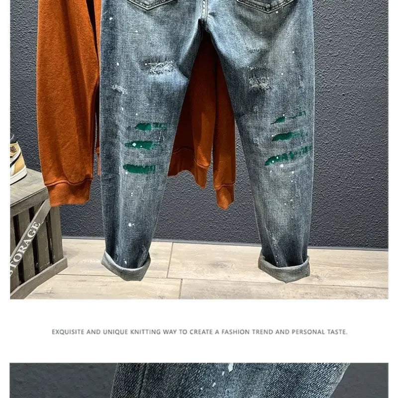 Trendy Jeans Men's Slim Fit Autumn 2024 New Style Ripped Punk Denim Pants Versatile Stretchy Little Shorts For Men