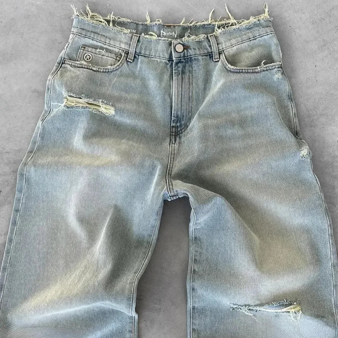 Pantalones vaqueros rectos desgastados para hombre, rotos, lavados, largos hasta los tobillos, holgados, lisos, con cremallera y bolsillos, informales, 2025