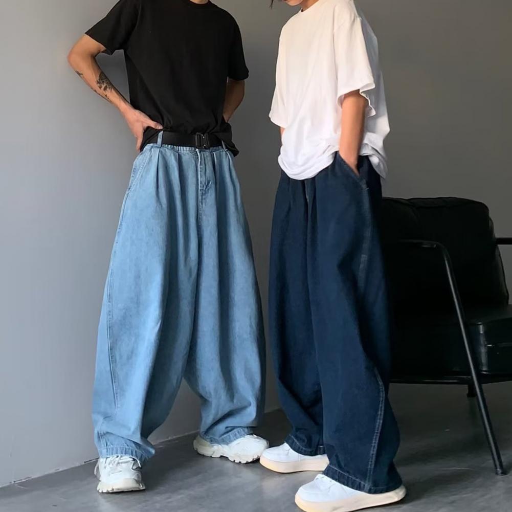 Pantalones vaqueros de tiro medio para hombre, cintura elástica, bolsillos, color liso, holgados, pierna ancha, ropa de calle