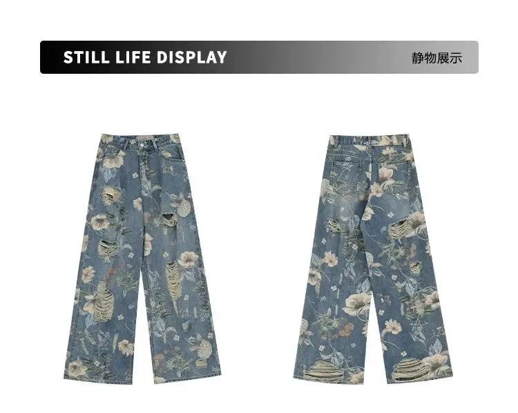 American Street Print Jeans For Women Trendy Style Loose And Versatile Floor-length Wide-leg Pants With A Versatile Design