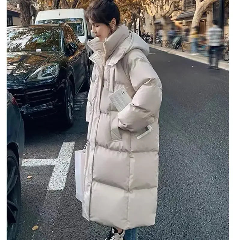 New Winter 2024 Women's Long Jacket Jacket Thickened Korean Loose Stylish Windproof Warm Hooded Down Cotton Jacket Coat
