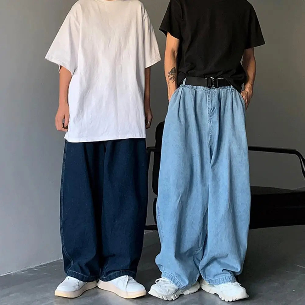 Pantalones vaqueros de tiro medio para hombre, cintura elástica, bolsillos, color liso, holgados, pierna ancha, ropa de calle