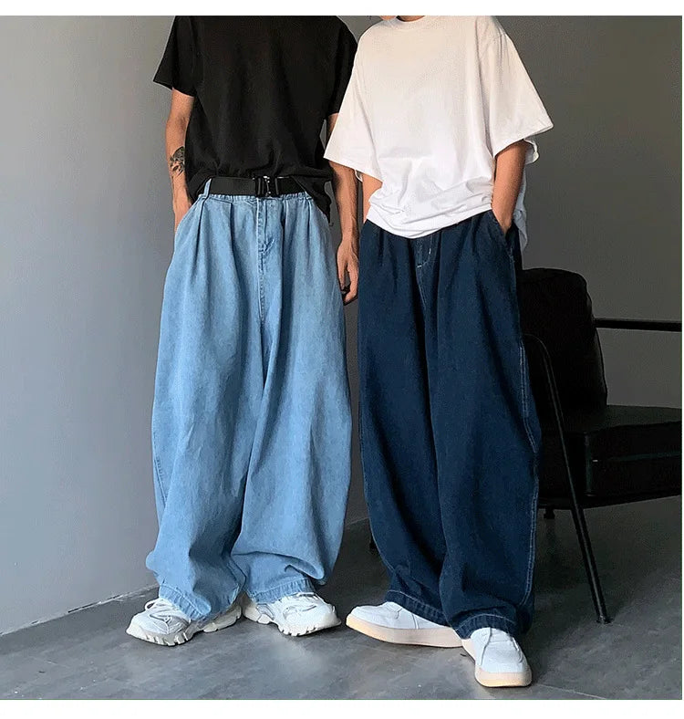 Men Wide Leg Pant Jeans Long Denim Pants Straight Trousers Elastic Waist Pocket Loose Casual Regular Solid Splice Autumn Winter