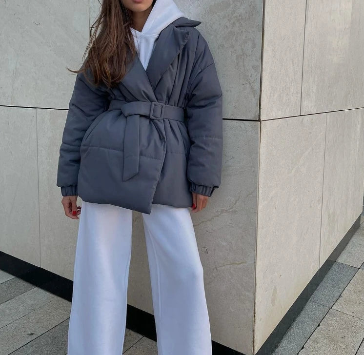 Autumn Women's Clothes with Thick Collars and Waist Cinched Cotton Jackets Look Slim Solid Color Cotton Jackets for Women