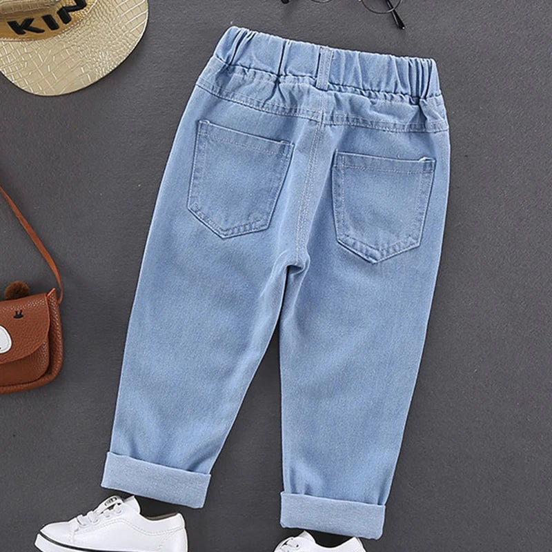 Children Jeans Boys Cotton Print Splice Stretch Denim Pants Korean Teenage Trousers Wear Kids ClothingDenimRipped Spring Autum
