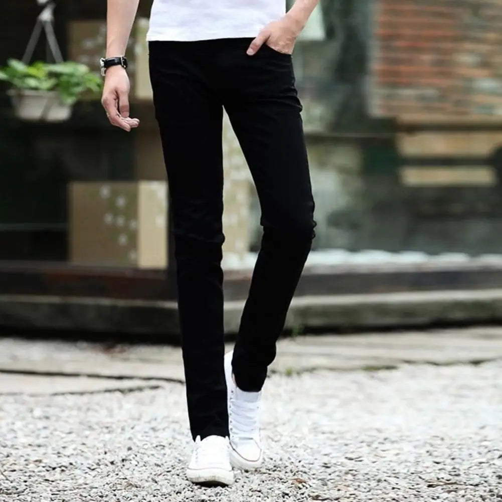Men Jeans Stretch Skinny Denim Pants Solid Color Black Blue Autumn Summer Luxury Street Harajuku Hip-Hop Style Slim Fit Trousers