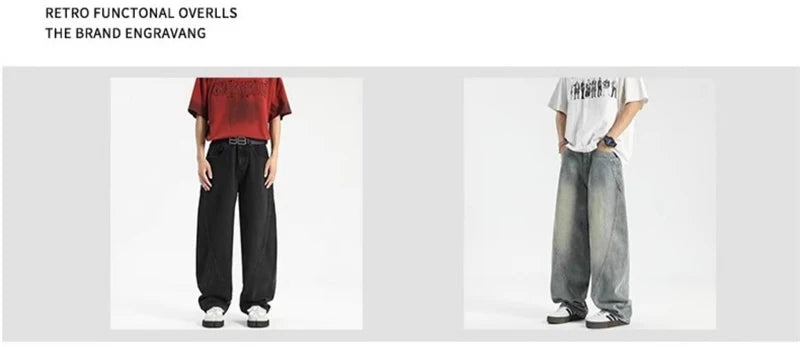 New Vintage Men‘s Patchwork Baggy Jeans Draped Straight-leg Denim Trousers Autumn Korean Fashion High Street Casual Y2K Jean