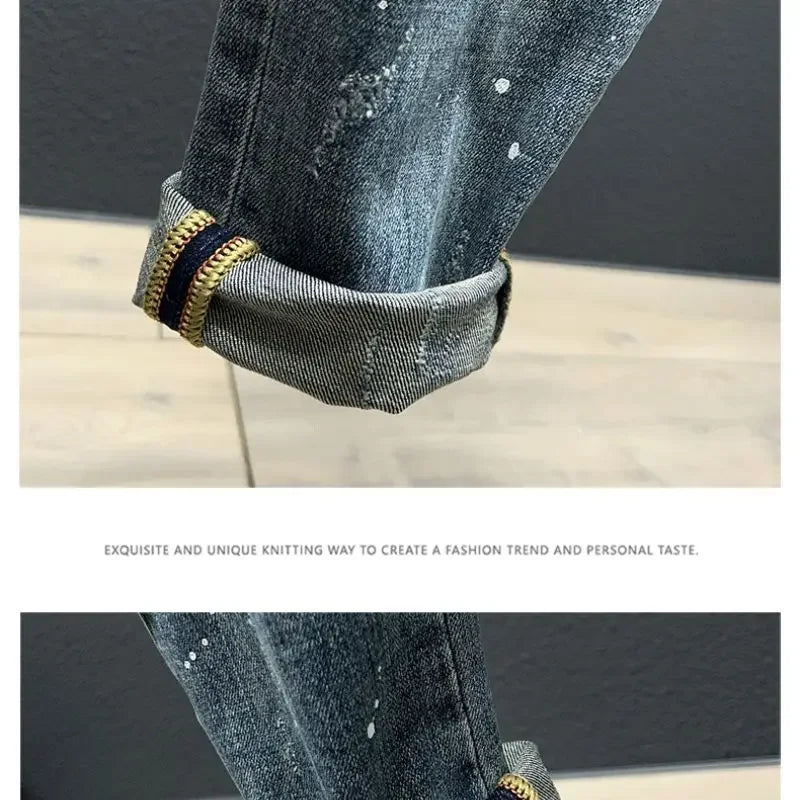 Trendy Jeans Men's Slim Fit Autumn 2024 New Style Ripped Punk Denim Pants Versatile Stretchy Little Shorts For Men