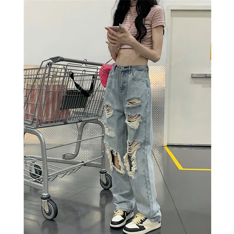 Pantalones vaqueros desgastados de cintura alta para mujer, de primavera y verano, de tubo recto, holgados, de pierna ancha, lavados, de talla grande, 2022