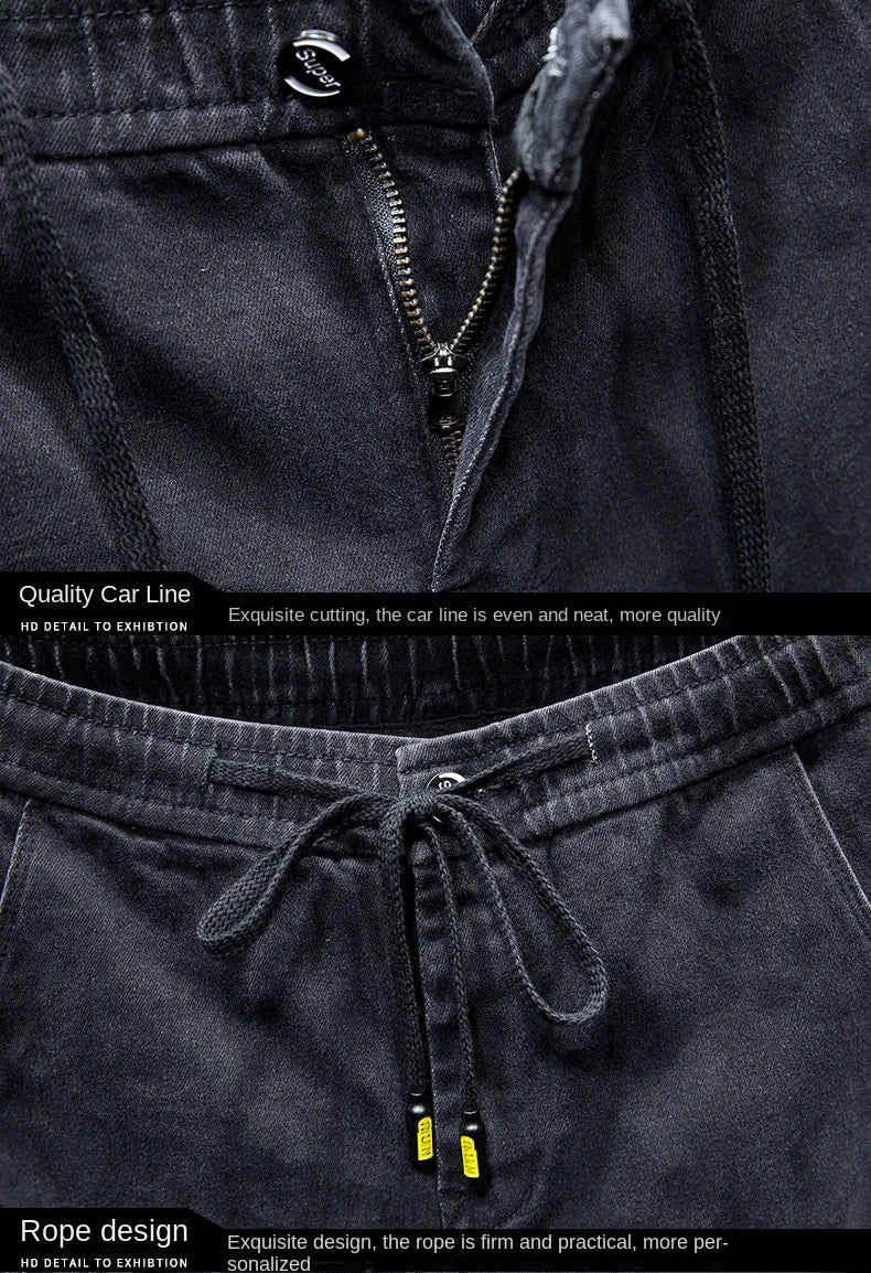 Spring Autumn 2022 New Drawstring Elastic Waist Denim Jeans Men's Slim Feet Pants Korean Fashion Casual Pants Harem Baggy Jeans